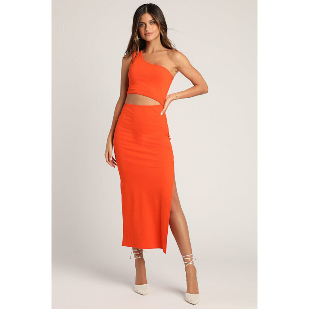 Lulus Spice Things Up Orange Ribbed One-shoulder Cutout Midi Dress - Size M